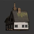 Cartoon House With Thatch Roof Moss Brick Chimneys White Walls Black Windows And Clay Pots