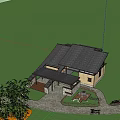 Traditional Modern Courtyard Architecture With Sloped Roof Green Trees And Pedestrian
