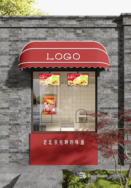 Chinese Breakfast Storefront with Red Awning LOGO Windows Food Posters and Gray Brick Wall 3d model 