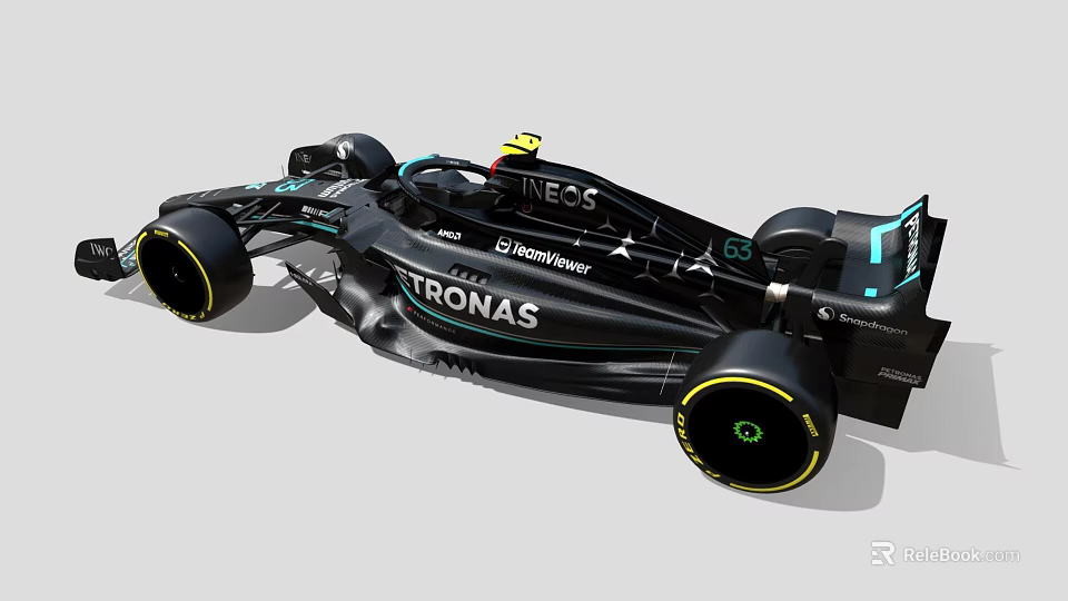Mercedes Formula 1 Race Car With Black Body Yellow Accents Aerodynamic Wheels And Petronas Logo 3d model