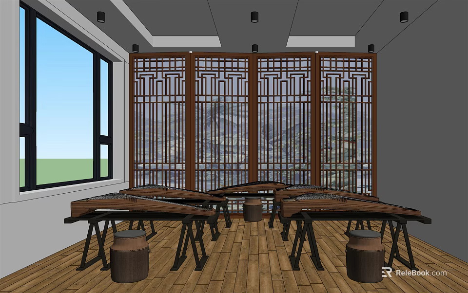 School Traditional Culture Classroom Featuring Guzheng Traditional Screens And Wooden Floor 3d model 