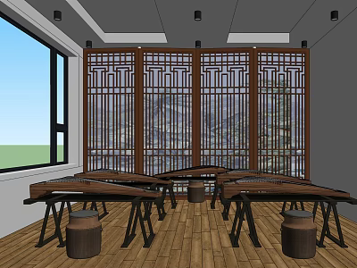 School Traditional Culture Classroom Featuring Guzheng Traditional Screens And Wooden Floor 3d model