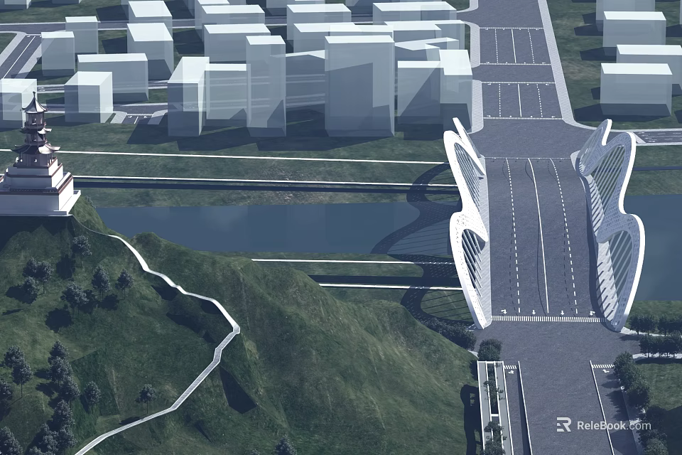Modern Architectural Bridge Design With Sleek Structure Over River And Urban Buildings 3d model 