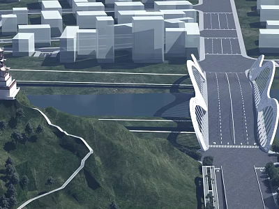 Modern Architectural Bridge Design With Sleek Structure Over River And Urban Buildings 3d model