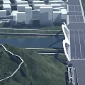 Modern Architectural Bridge Design With Sleek Structure Over River And Urban Buildings