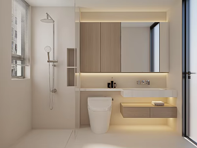 Modern Bathroom Interior With Shower Wooden Cabinets Mirror Smart Toilet Sink And Lighting 3d model