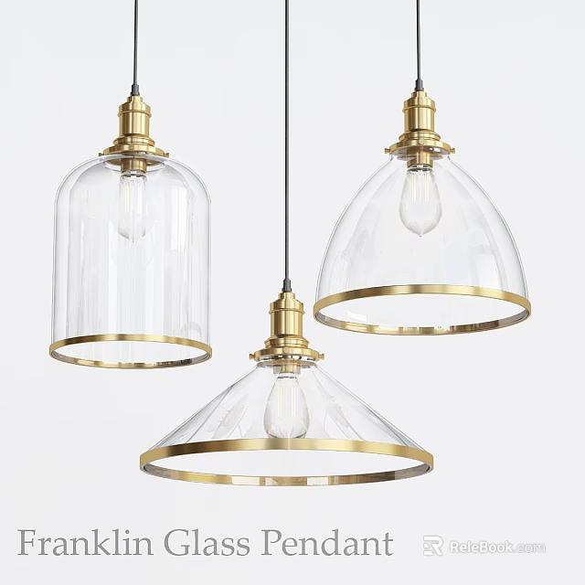 Three Modern Clear Glass Pendant Lights With Golden Trim Design 3d model 