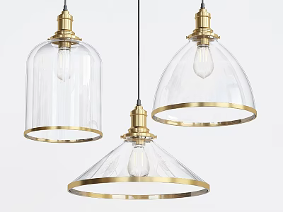 Three Modern Clear Glass Pendant Lights With Golden Trim Design 3d model