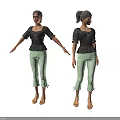 Woman In Black Top Light Green Cropped Pants Sandals And Different Hairstyles Front Side Views