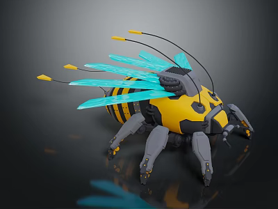 Yellow Black Mechanical Insect With Blue Wings And Robotic Legs 3d model