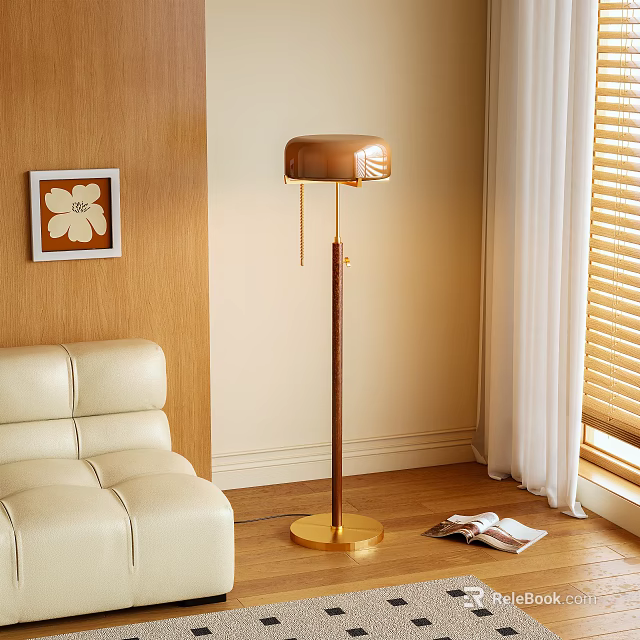 Modern Gold and Brown Floor Lamp with Metal Shade in Living Room with Beige Sofa 3d model 