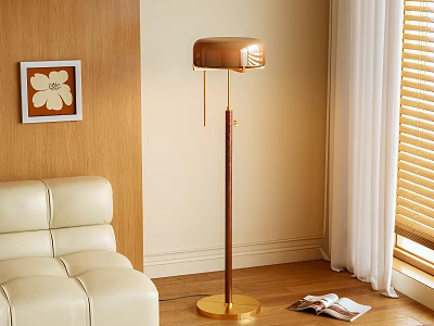 Modern Gold and Brown Floor Lamp with Metal Shade in Living Room with Beige Sofa 3d model