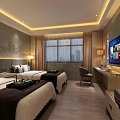 Modern Hotel Guest Room With Twin Beds Flat Screen TV And Decorative Headboard