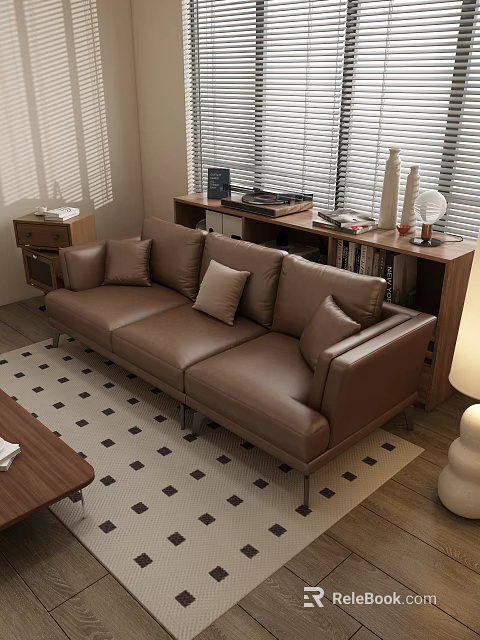 Modern Brown Leather Multi-Person Sofa with Cushions by Window Blinds and Wooden Bookshelf 3d model 