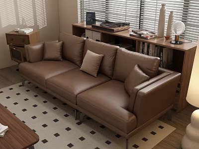 Modern Brown Leather Multi-Person Sofa with Cushions by Window Blinds and Wooden Bookshelf 3d model