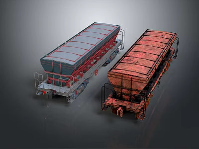 Two Freight Train Cars In Different Conditions Blue Covered And Red Rusted Design 3d model