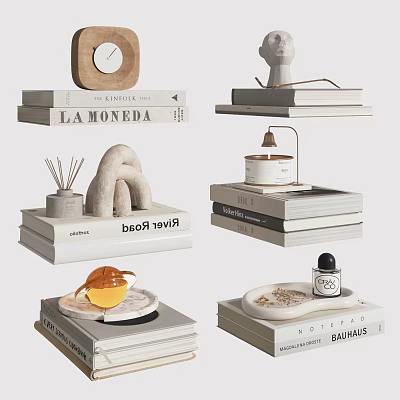 Stylish Decorative Ornament Sets on Stacked Books with Clock Sculpture Table Lamp Aromatherapy Candle 3d model