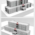 Gray Brick Hospital Building With Red Cross Sign And Multiple Windows 3d model