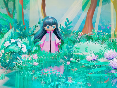 Cartoon Girl in Pink Coat Standing by Pond in Lush Forest with Flowers and Sunlight 3d model