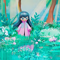 Cartoon Girl in Pink Coat Standing by Pond in Lush Forest with Flowers and Sunlight