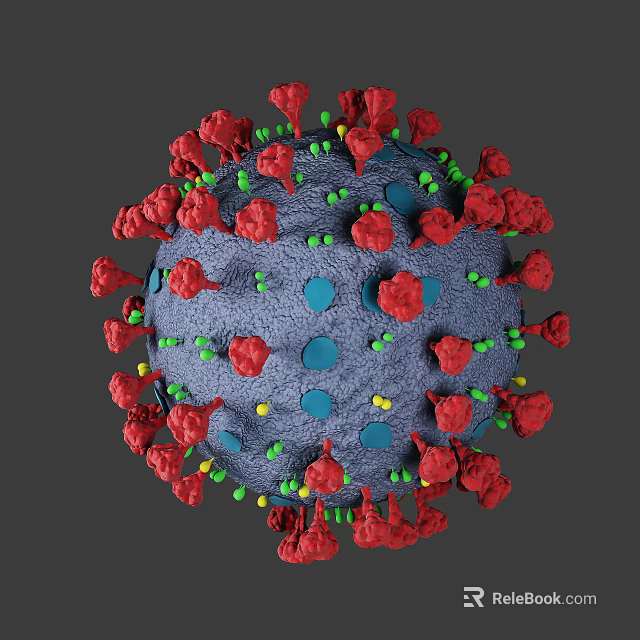 3D Rendered Virus Structure With Red Protrusions Blue Spheres Green Yellow Dots 3d model 
