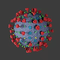 3D Rendered Virus Structure With Red Protrusions Blue Spheres Green Yellow Dots