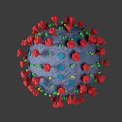 3D Rendered Virus Structure With Red Protrusions Blue Spheres Green Yellow Dots 3d model