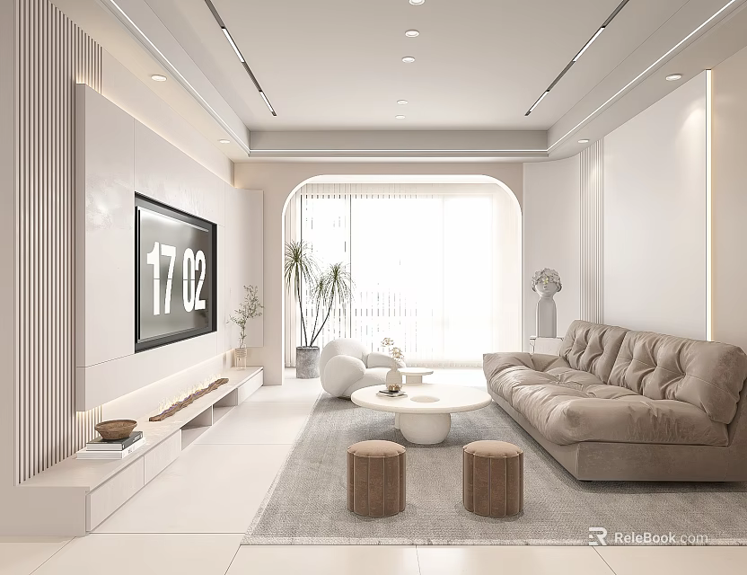 Modern Bright Cream Style Living Room With Soft Plush Sofa And Arched Window Interior Design 3d model 