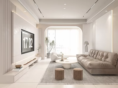 Modern Bright Cream Style Living Room With Soft Plush Sofa And Arched Window Interior Design 3d model