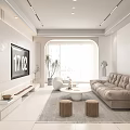 Modern Bright Cream Style Living Room With Soft Plush Sofa And Arched Window Interior Design