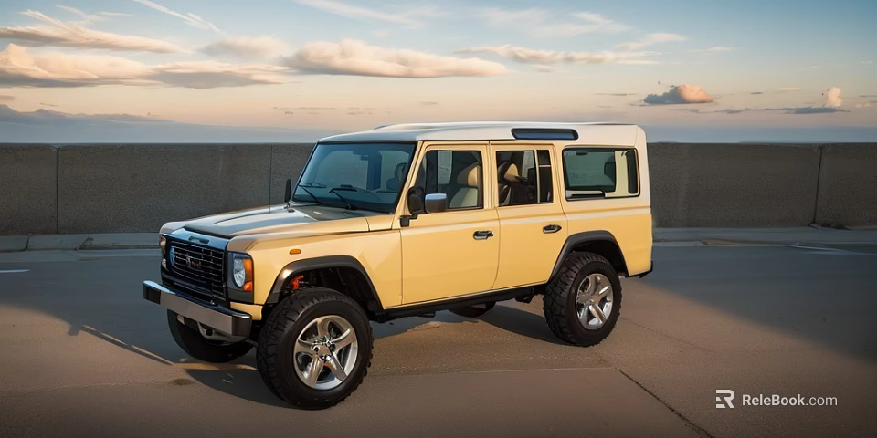 Yellow Classic Off Road Vehicle With White Roof Parked On Open Ground Under Sky 3d model 