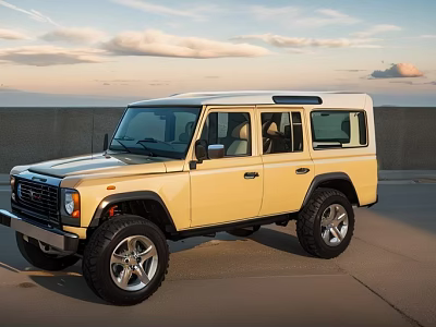 Yellow Classic Off Road Vehicle With White Roof Parked On Open Ground Under Sky 3d model