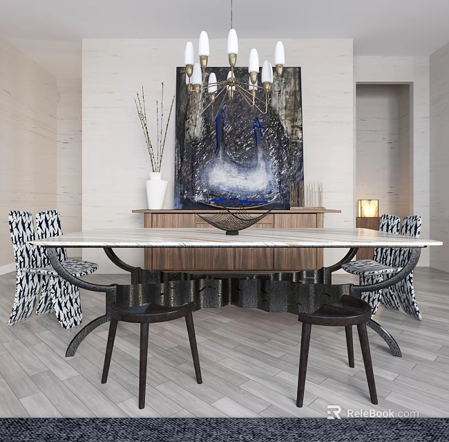 Modern Dining Table Set With Marble Top Wooden Metal Base And Geometric Pattern Chairs 3d model 