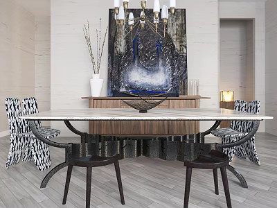 Modern Dining Table Set With Marble Top Wooden Metal Base And Geometric Pattern Chairs 3d model