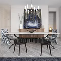 Modern Dining Table Set With Marble Top Wooden Metal Base And Geometric Pattern Chairs