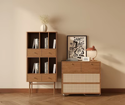 Minimalist Wooden Console And Side Cabinet With Drawers Shelves Vase And Decorative Artwork 3d model