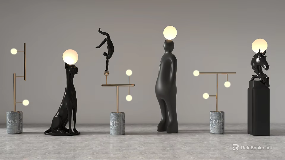 Artistic Sculptural Floor Lamps With Round Globe Lights And Marble Bases 3d model 