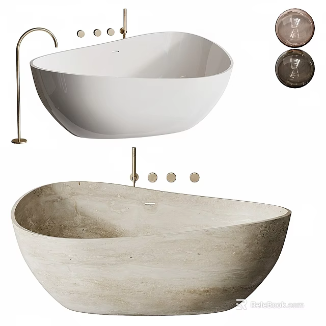 Elegant Freestanding Bathtubs White And Natural Stone With Brass Faucets Knobs 3d model 