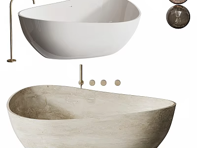 Elegant Freestanding Bathtubs White And Natural Stone With Brass Faucets Knobs 3d model