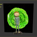 Cartoon Character In Blue Suit Standing With Green Vortex Creature Against Starry Background
