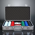 Silver Open Metal Case With Colored Poker Chips And Playing Cards