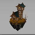 Floating Island House with Tower Green Roof Lit Windows and Orange Terrain