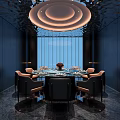 Elegant Private Dining Room Interior With Round Dining Table Tableware Flower Arrangement And Ceiling Lights 3d model