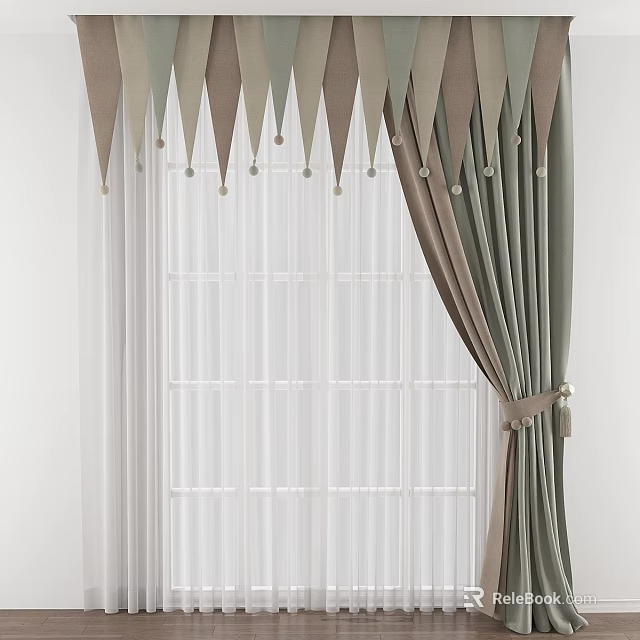 Elegant Green And Brown Curtains With Triangular Top Tassels And Sheer White Layers 3d model 
