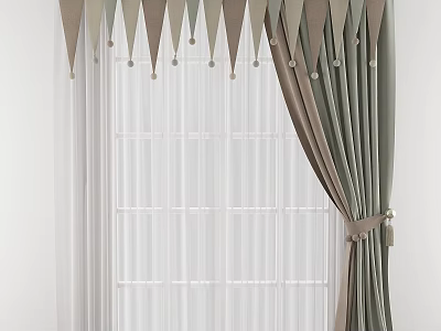 Elegant Green And Brown Curtains With Triangular Top Tassels And Sheer White Layers 3d model