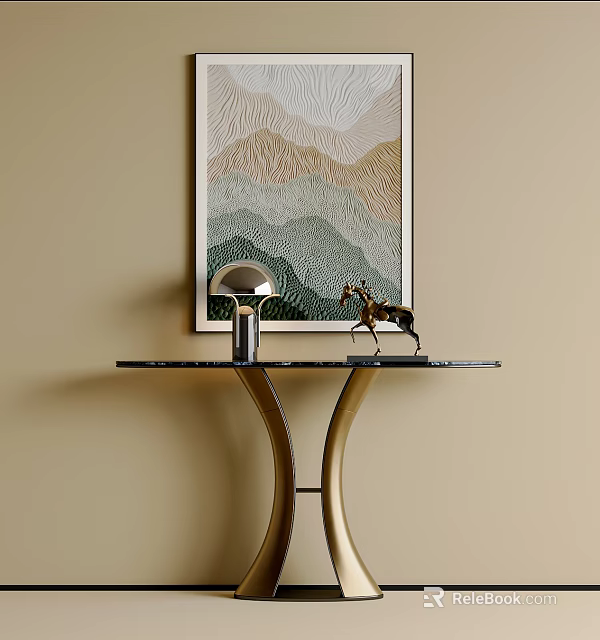 Modern Console Table With Black Top Gold Frame Deer Figurine And Wall Art 3d model 