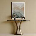 Modern Console Table With Black Top Gold Frame Deer Figurine And Wall Art