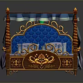 Elegant Ornate Four Poster Bed With Blue Mattress Gold Red Canopy And Decorative Bedposts