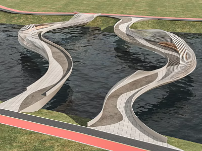 Modern Curved Bridge Structure Over Water With Green Grass And Pathways 3d model