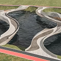 Modern Curved Bridge Structure Over Water With Green Grass And Pathways